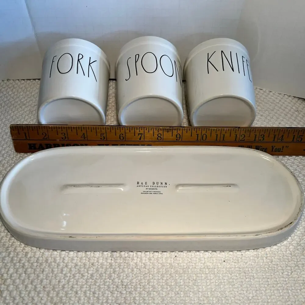 Rae Dunn by Magenta SPOON FORK KNIFE Utensil Holders with Tray | 4-Piece Set